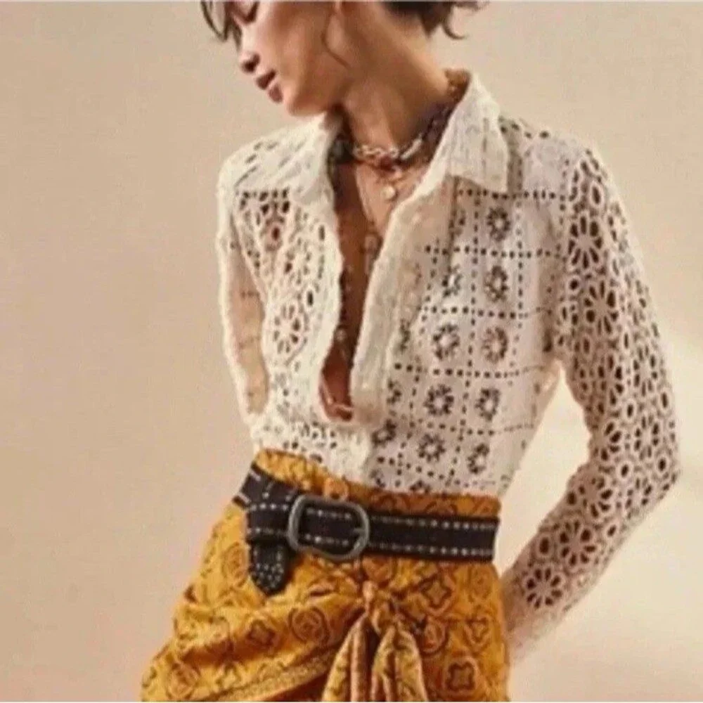 Free People FP One Yesenia Blouse M Crochet Embroidered Button Down Ivory Boho